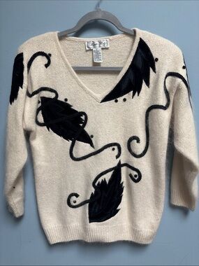 Vintage Private Party Silk Angora Sweater Black Velvet Appliqué